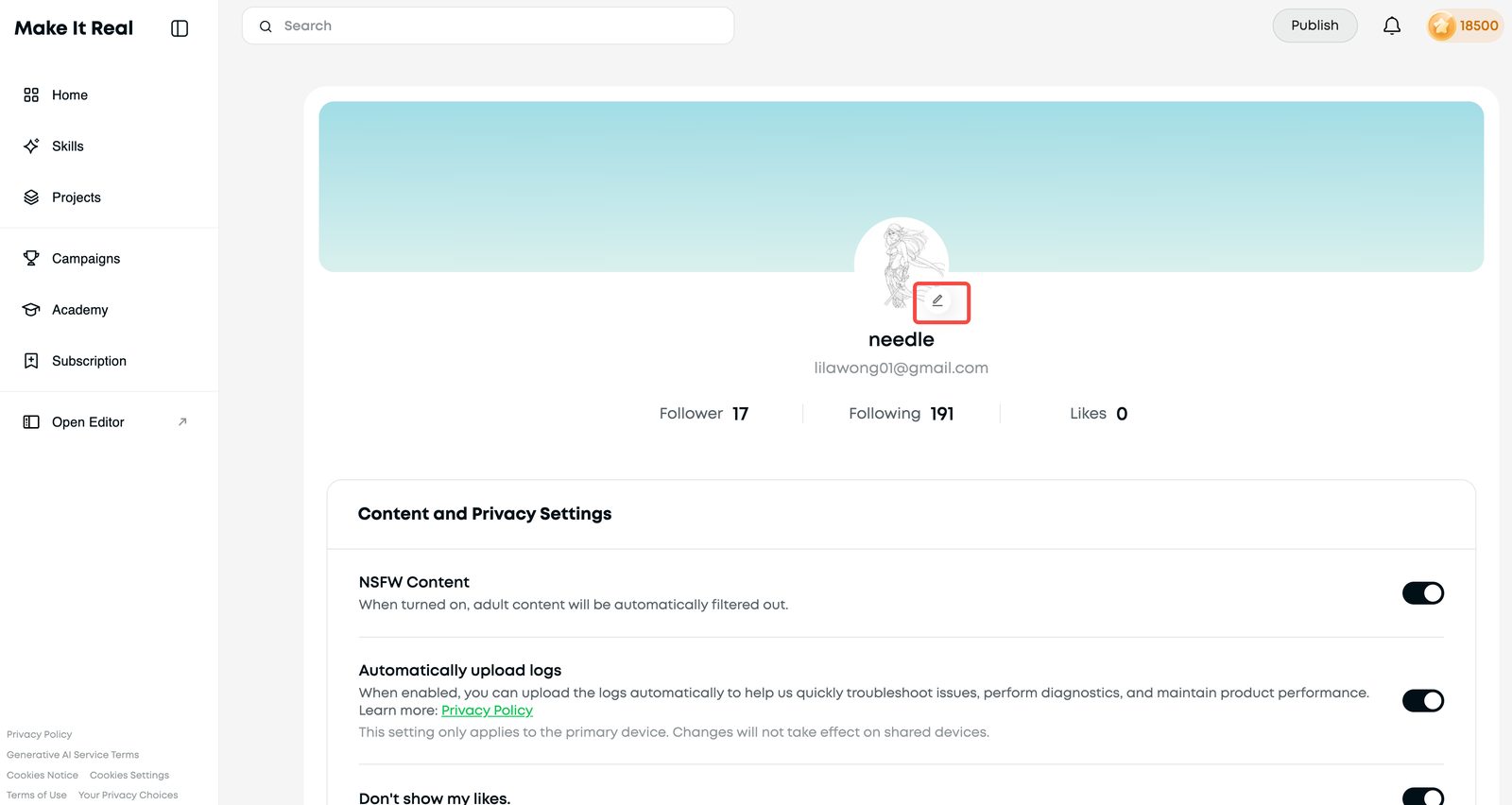 Creator profile page with the edit button next to the avatar highlighted.