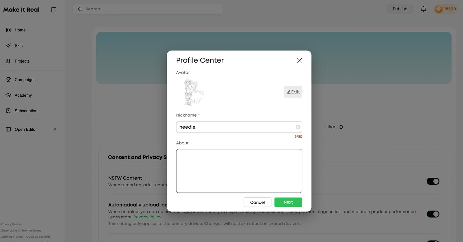Profile Center dialog with nickname and About fields for writing your bio.