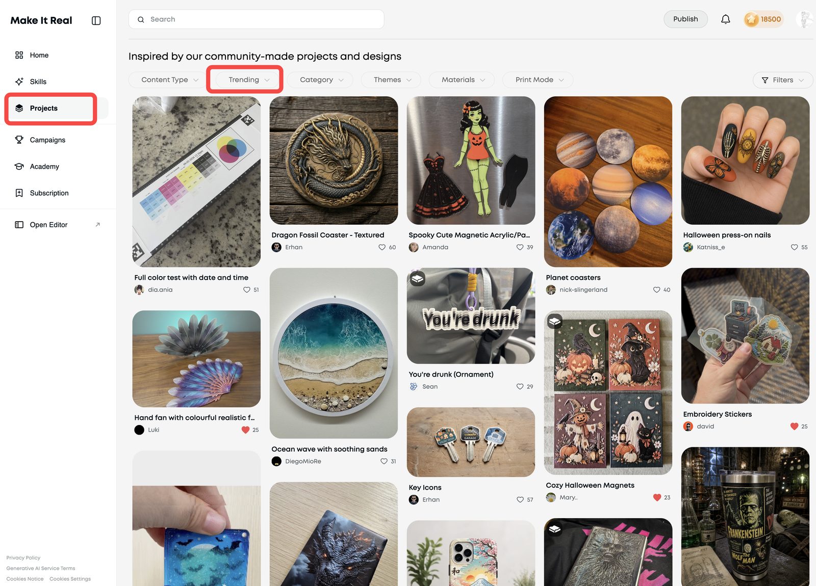 Projects page filtered by Trending, showing the community's most-liked recent makes.