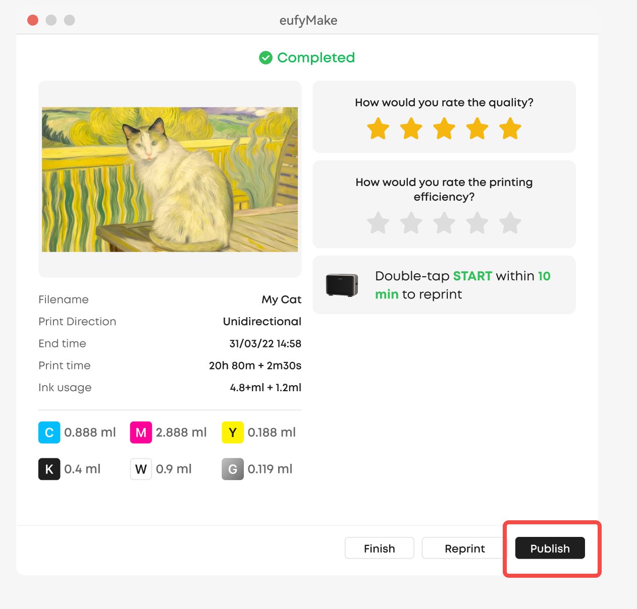 Print completion screen in eufyMake Studio with the Publish button highlighted at the bottom right.