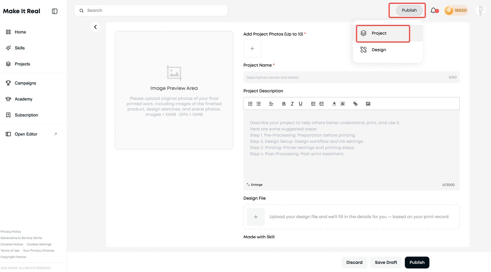 Publish flow on the web: Publish button in the top-right corner with the Project type selected.