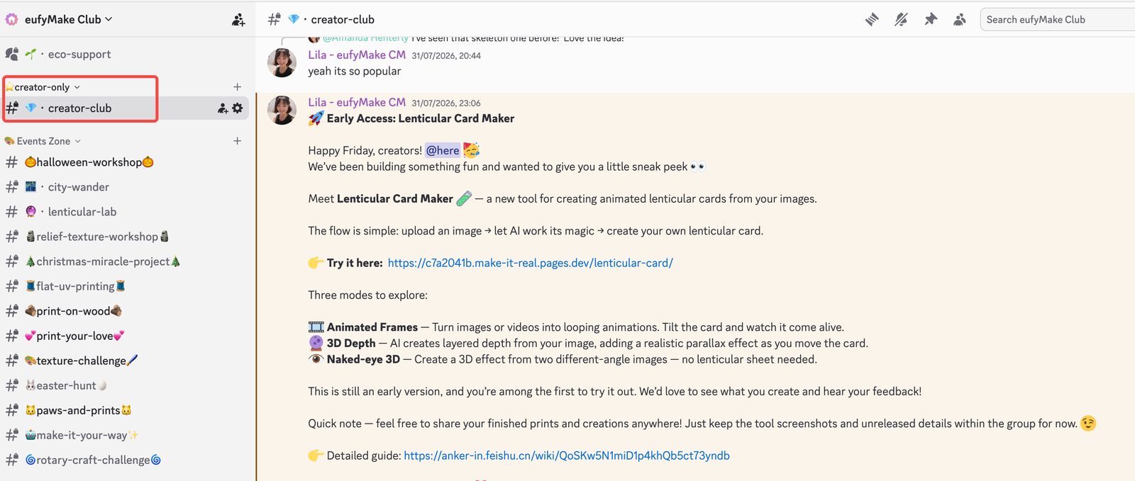 Creator Group chat where the community team shares an early-access tool announcement and creators reply.