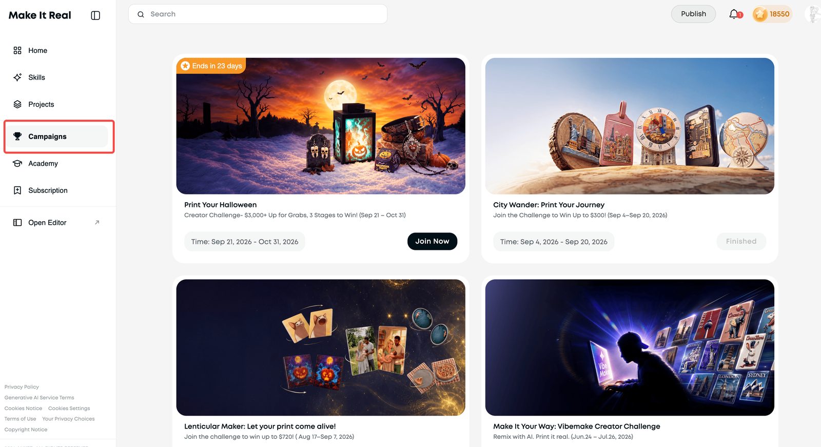 Campaigns page listing active and past creator challenges with join buttons.