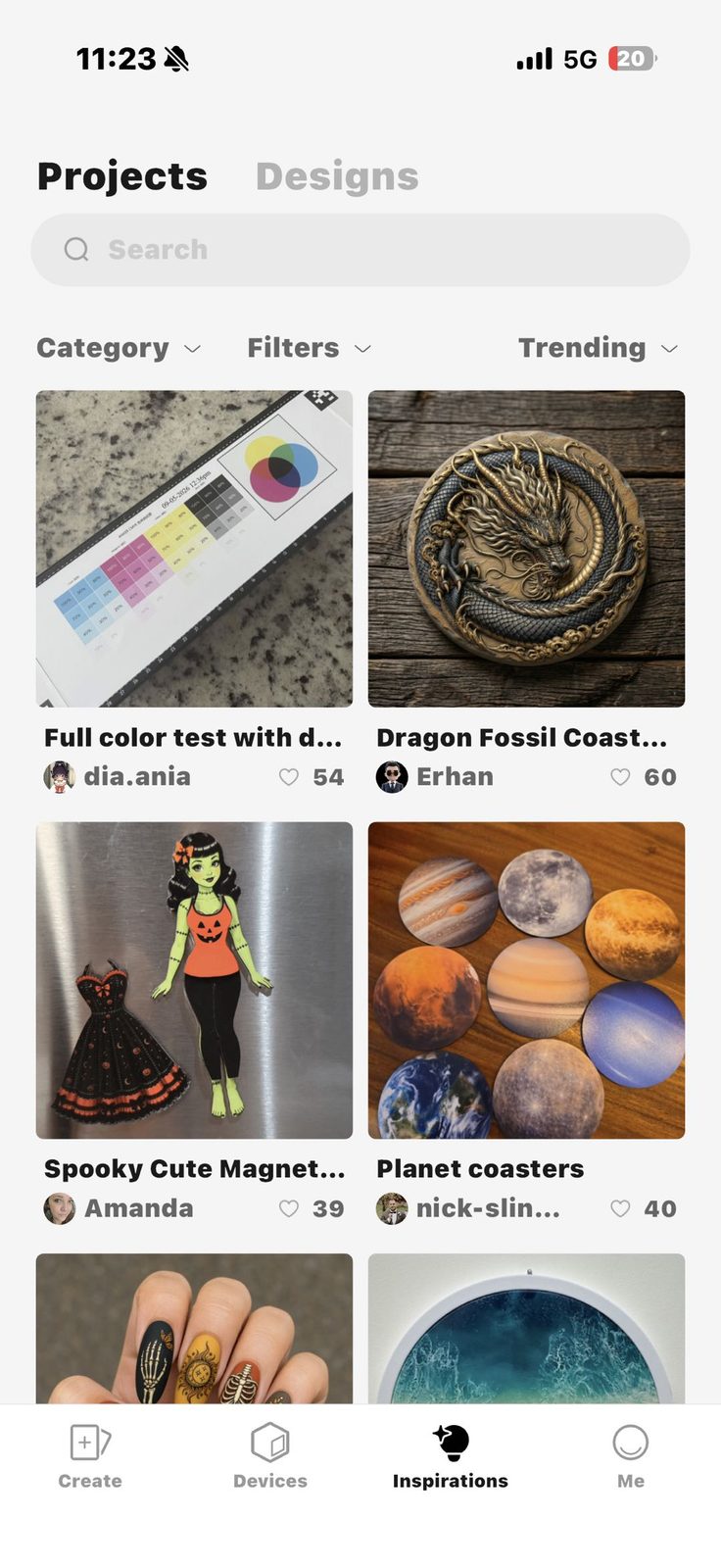Make It Real on mobile: the Inspirations tab showing trending community projects.