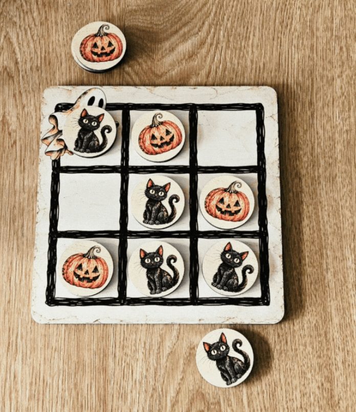 Halloween tic-tac-toe board with ghost, cat and pumpkin pieces.