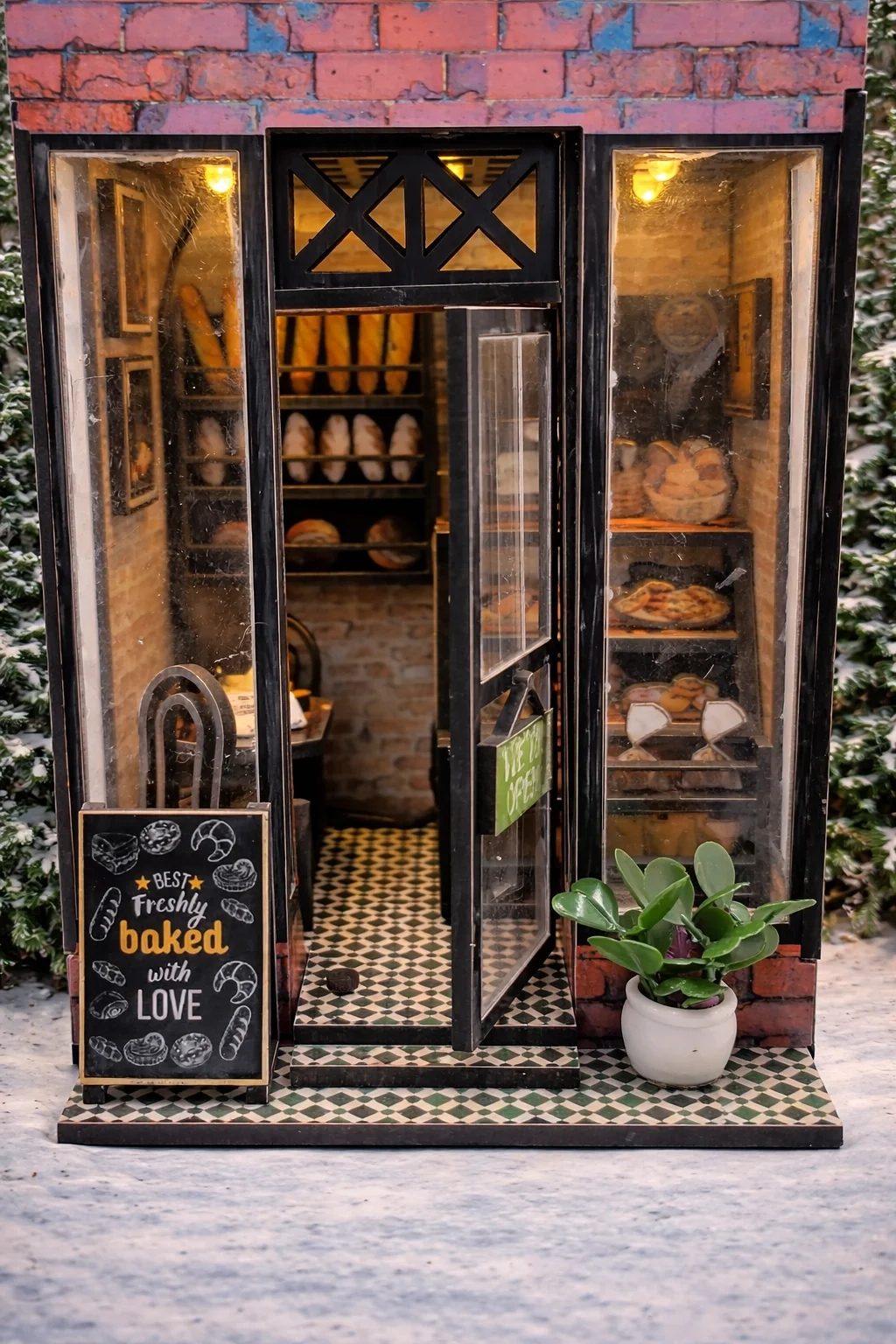 Miniature bakery storefront with detailed interior and lighting.