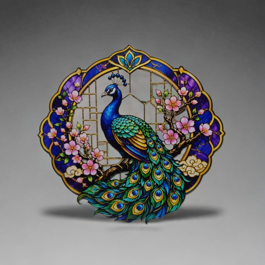 Stained-glass style peacock ornament with vivid colors.